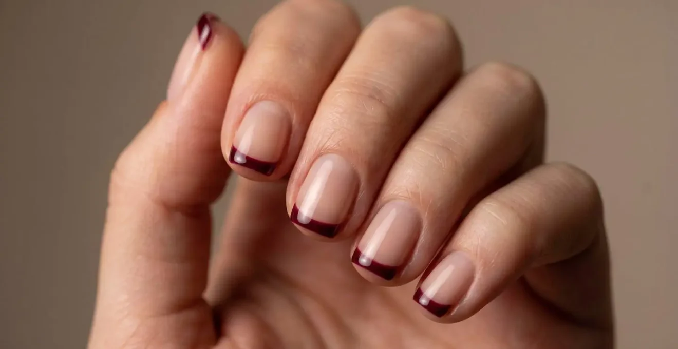 Close-up detail of hands showing micro-french manicure with ultra-thin colored lines on a natural nail base