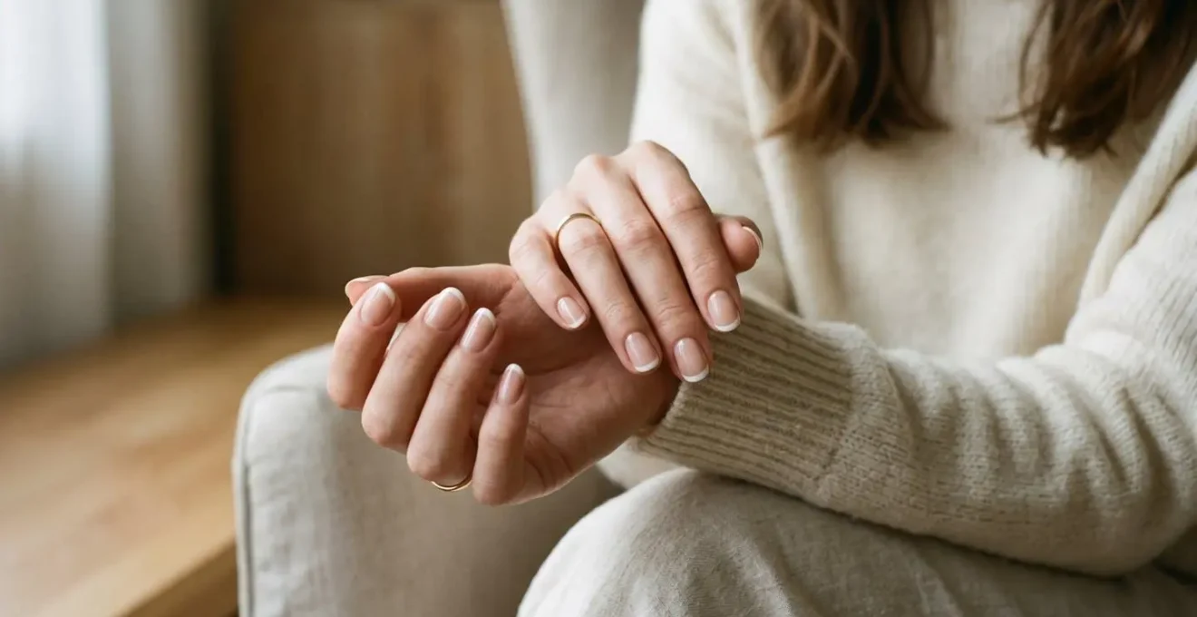 Elegant hands showcasing micro-French manicure with barely-there white tips on a flawless sheer nude base in natural lighting