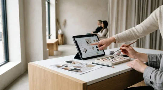 Professional nail technician sketching custom nail art design during client consultation in modern salon environment