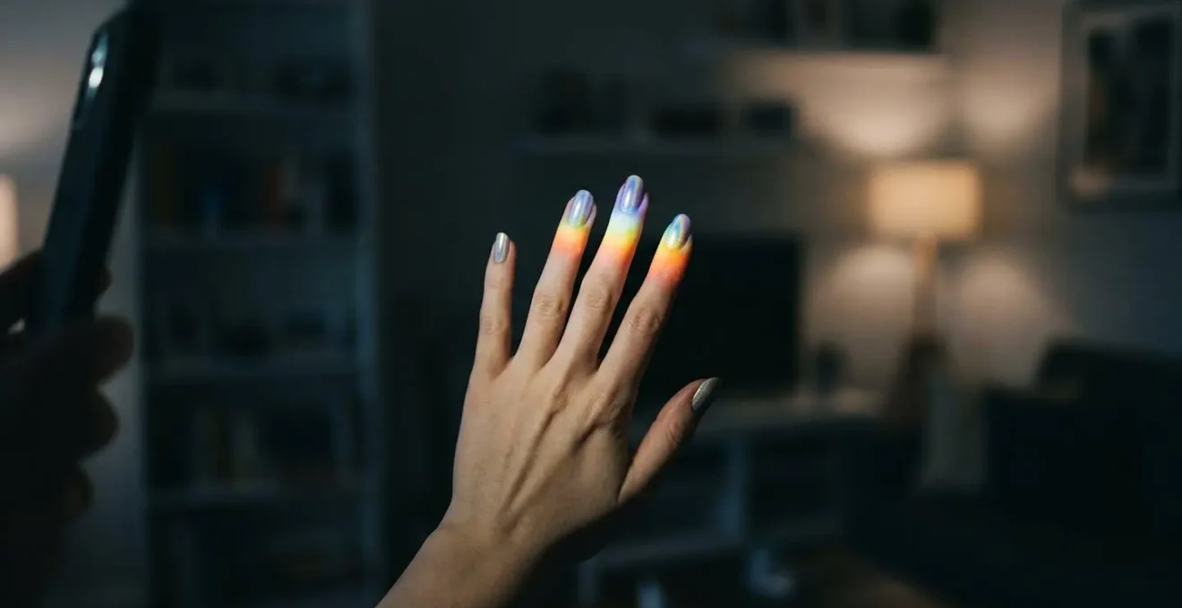 Hand demonstrating phone flashlight technique to reveal holographic rainbow effect on nails in low light