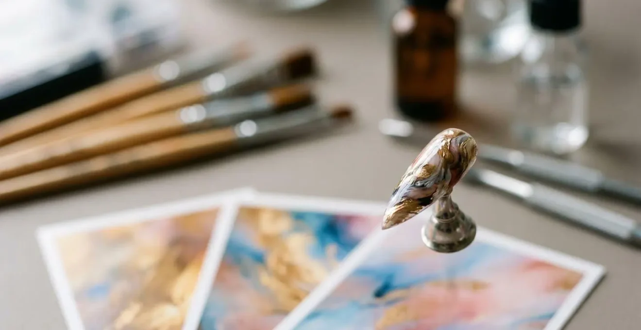 Close-up of three inspiration photos being analyzed with nail practice tips showing merged design elements