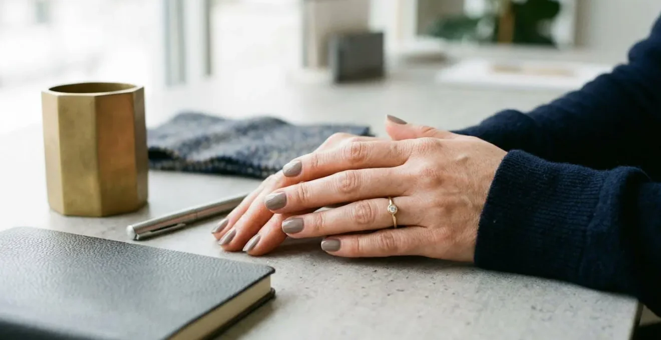 Professional hands displaying elegant manicure with runway-inspired nail art adapted for office environment