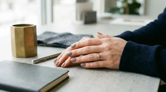 Professional hands displaying elegant manicure with runway-inspired nail art adapted for office environment
