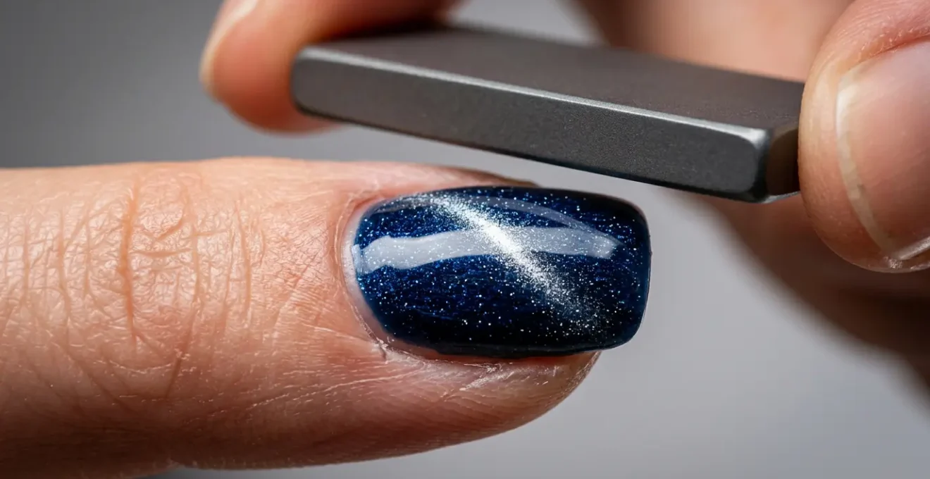 Professional close-up of hands positioning magnet over freshly applied magnetic gel polish showing sharp cat-eye line formation
