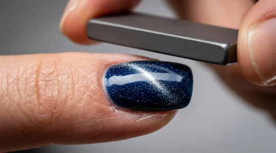Professional close-up of hands positioning magnet over freshly applied magnetic gel polish showing sharp cat-eye line formation