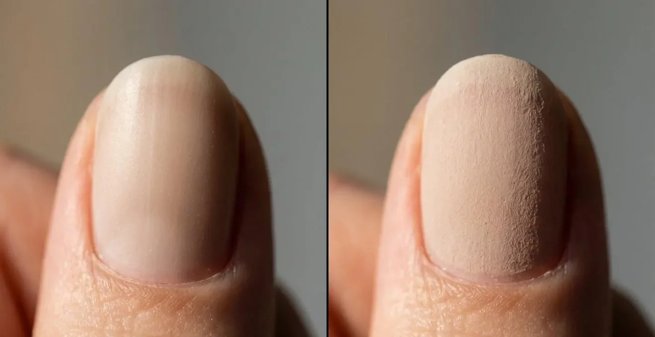 Macro detail of two nail surfaces side-by-side showing velvet matte versus flat matte texture differences