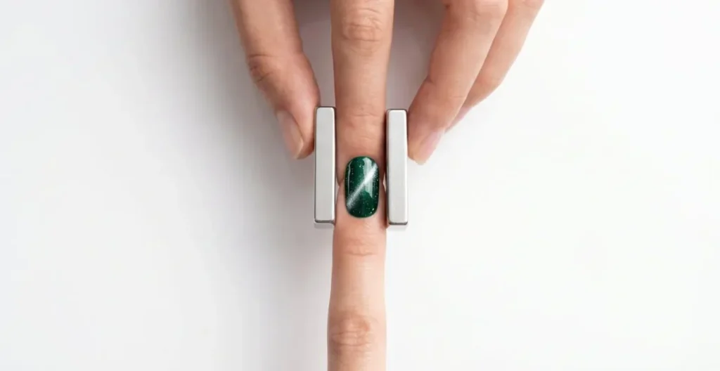 Overhead wide shot showing both hands positioning two rectangular magnets on opposite sides of a nail to create concentrated magnetic effect Overhead wide shot showing both hands positioning two rectangular magnets on opposite sides of a nail to create concentrated magnetic effect