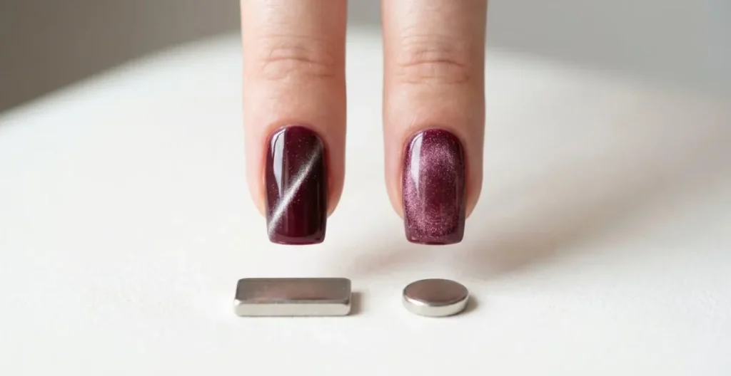 Side-by-side visual comparison showing rectangular and round magnets creating different magnetic field patterns on nail polish Side-by-side visual comparison showing rectangular and round magnets creating different magnetic field patterns on nail polish